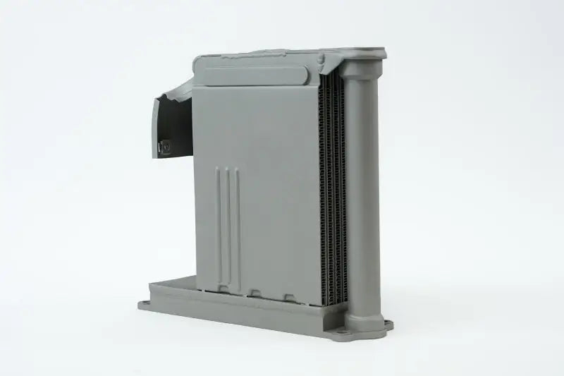 Gray radiator-like oil cooler with widemouth fitting for Porsche 911 engine oil cooling