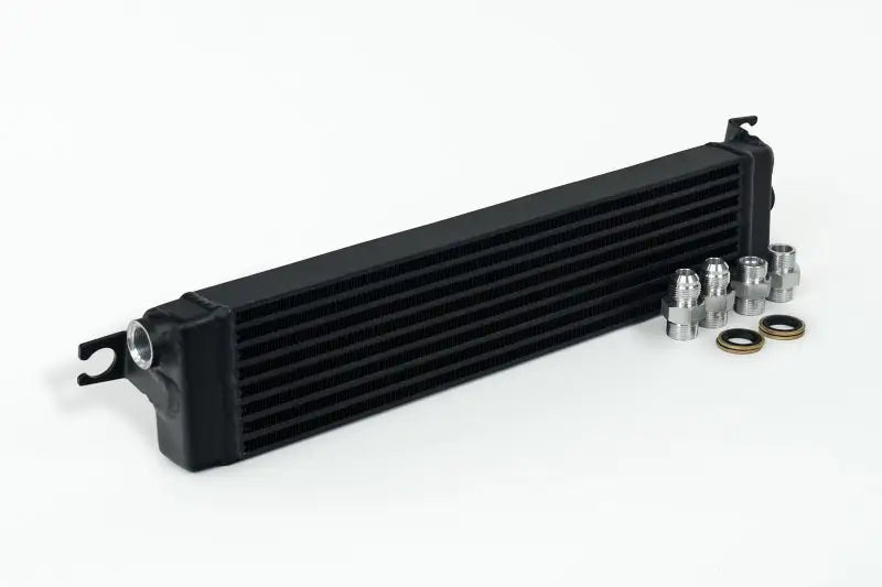 Black oil cooler with fittings for CSF BMW E30 DTM race style oil cooler setup