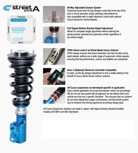 Blue and black adjustable coilover suspension for Toyota GR Corolla with rear upper mount