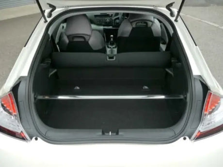Open hatchback trunk showing Cusco CR-Z Strut Bar OS Rear for improved support