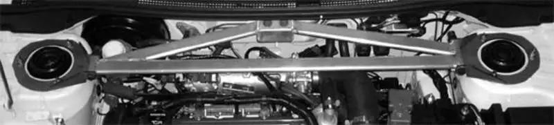 Silver aluminum Cusco CT9A F-OS 3-Point LHD USDM strut bar for car engine bay