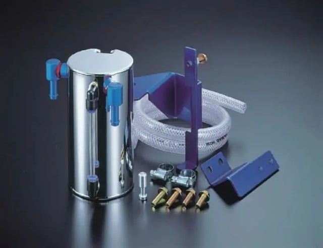Shiny metal Cusco Oil Catch Tank EG6.9 with blue fittings and mounting hardware
