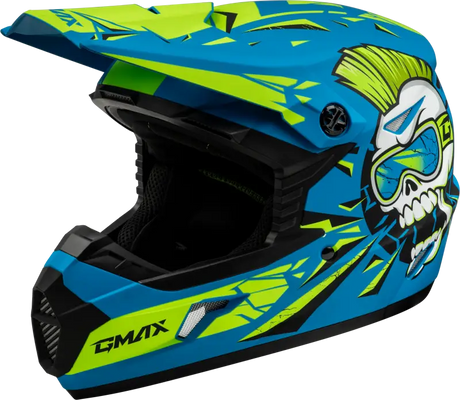 Blue and yellow youth MX 46Y unstable helmet with skull graphic on matte finish