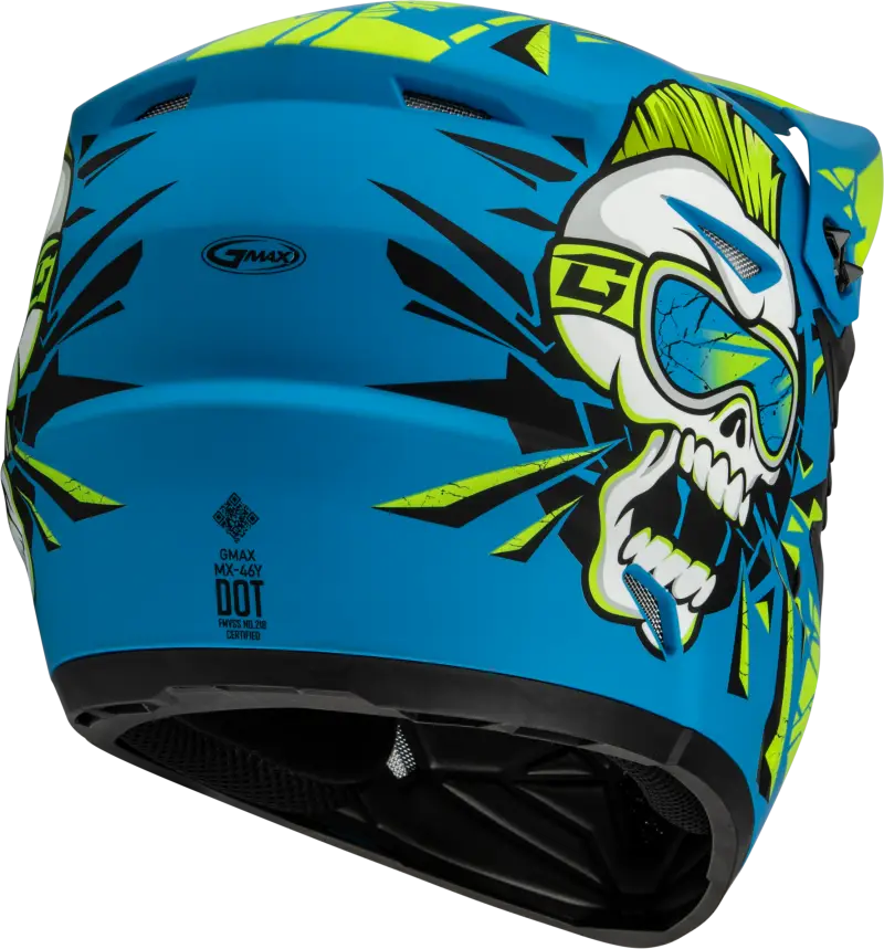 Blue and yellow youth mx 46y unstable helmet with skull design for motocross races