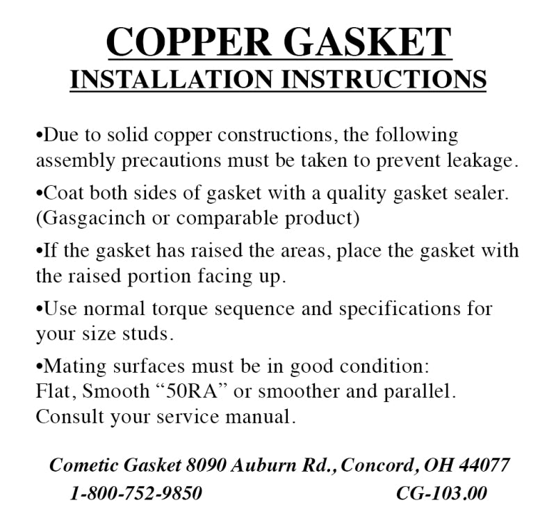 Cometic Gasket C15417-043 Cometic Chrysler 361/383/413/440 4.400in Bore 0.043in Copper Round Bore Head Gasket