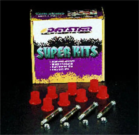 Daystar Jeep CJ5 greasable bolt and bushing kit box with red bushings and metal hardware