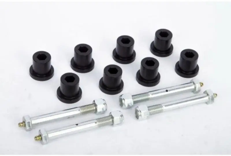 Black bushings and silver bolts from the Jeep CJ5 greasable bolt bushing kit front shackle