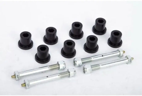 Black bushings and silver bolts from the Jeep CJ5 greasable bolt bushing kit front shackle