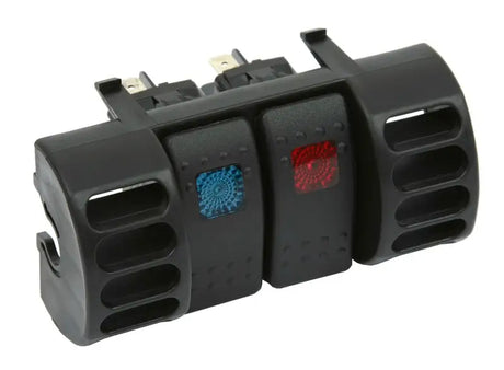 Black triple rocker air vent switch panel with blue and red switches for Jeep Cherokee XJ