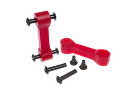 Red polyurethane sway bar end links with black hardware for Jeep Wrangler JK hood latch upgrade