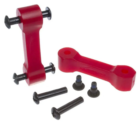 Red suspension links with black hardware for Jeep Wrangler JK hood latch upgrade