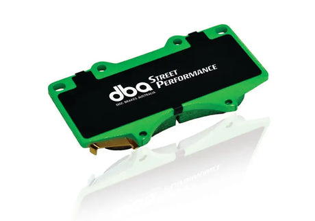 Green and black brake pads for Subaru WRX SP500 front brakes