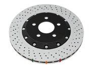 Silver drilled and dimpled brake disc with red and green markings for Chevrolet Camaro ZL1