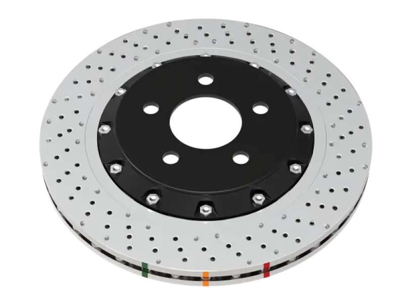 Silver drilled and dimpled brake disc with red and green markings for Chevrolet Camaro ZL1