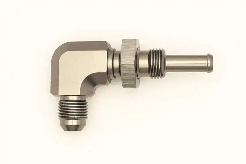 DeatschWerks 6AN Male Flare To 5/16in. Male Barb Bulkhead Adapter 90-Degree (Incl. Nut) 