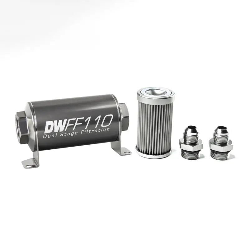 DeatschWerks 8-03-110-010K-8 DeatschWerks Stainless Steel 8AN 10 Micron Universal Inline Fuel Filter Housing Kit (110mm)