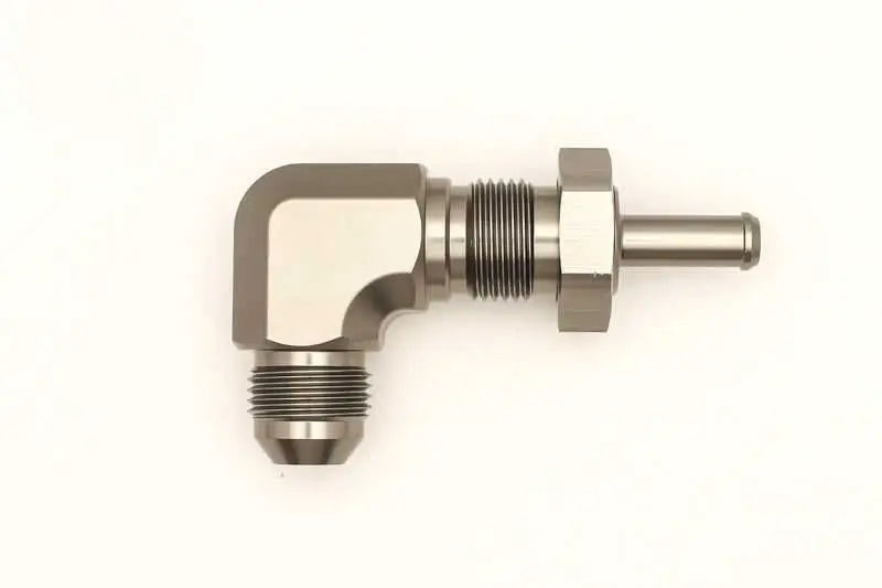 DeatschWerks DeatschWerks 8AN Male Flare To 5/16in. Male Barb Bulkhead Adapter 90-Degree (Incl. Nut)