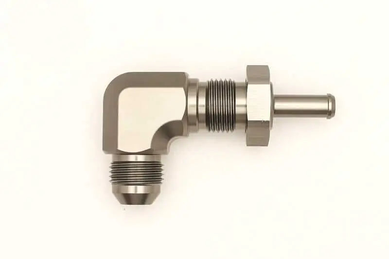 DeatschWerks 8AN Male Flare To 5/16in. Male Barb Bulkhead Adapter 90-Degree (Incl. Nut) 