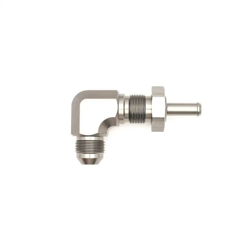 DeatschWerks 8AN Male Flare To 5/16in. Male Barb Bulkhead Adapter 90-Degree (Incl. Nut) 