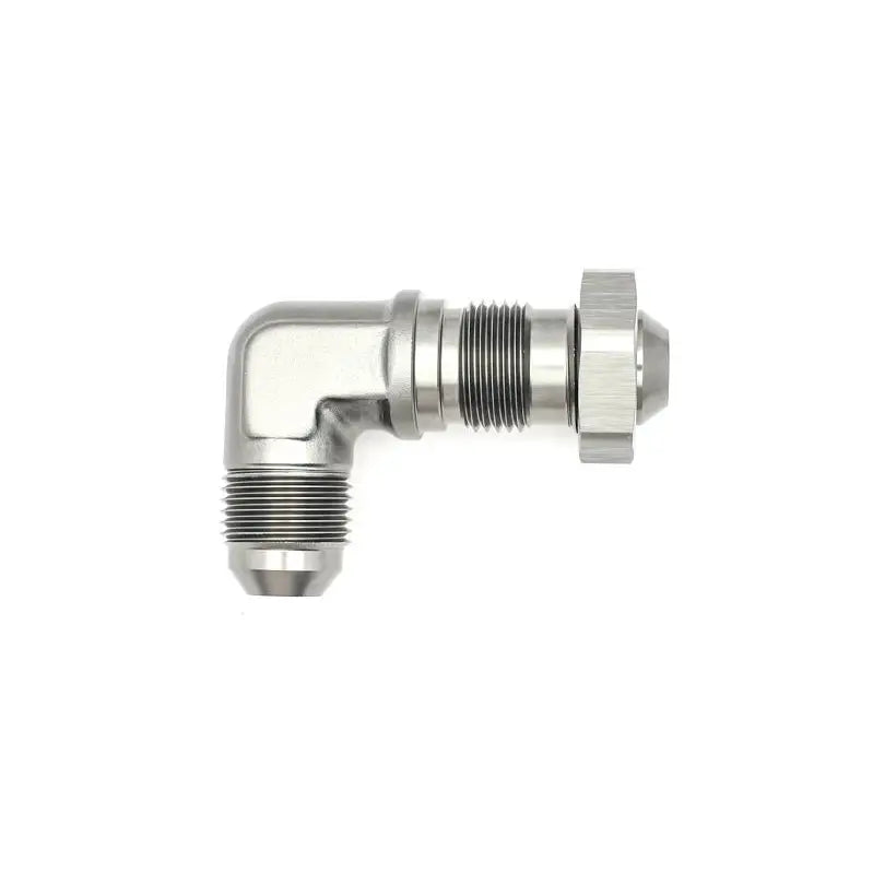 DeatschWerks 6-02-0711 DeatschWerks 8AN Male Flare to 8AN Male Flare Bulkhead Adapter 90-Degree - Anodized Matte Black