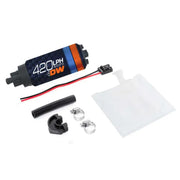 Deatschwerks DW420 Series 420lph in-tank fuel pump with install kit for Forester 97-07 Impreza, showcasing pump with accessories.