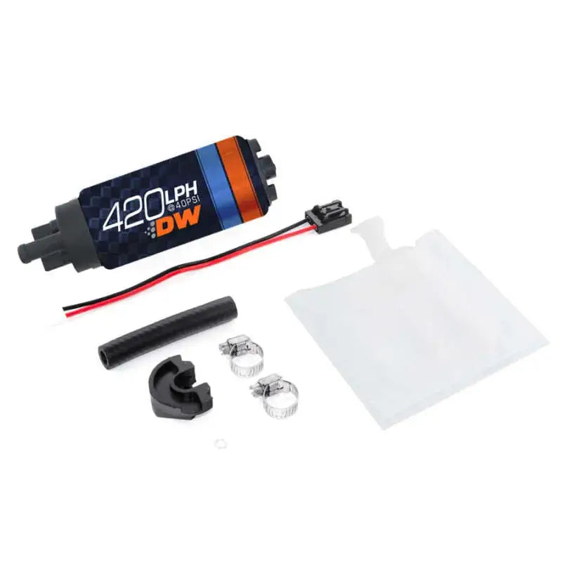 Deatschwerks DW420 Series 420lph in-tank fuel pump with install kit for Forester 97-07 Impreza, showcasing pump with accessories.