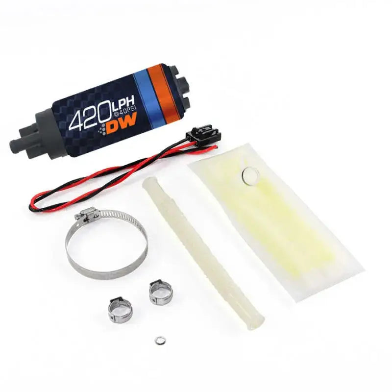 Deatschwerks DW420 Series 420lph In-Tank Fuel Pump w/ Install Kit for BMW E36/E46, DW logo visible.