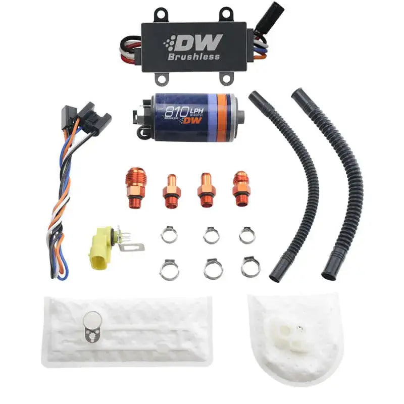Deatschwerks DW810 Brushless 810lph In-Tank Fuel Pump with Dual Speed Controller and installation hardware.