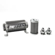 DeatschWerks DWFF110 silver inline fuel filter housing with black mesh