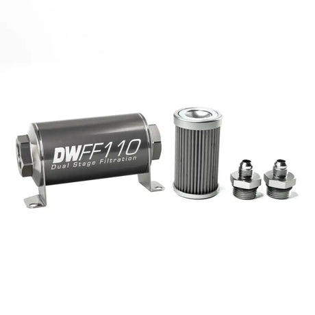 DeatschWerks DWFF110 silver inline fuel filter housing with black mesh