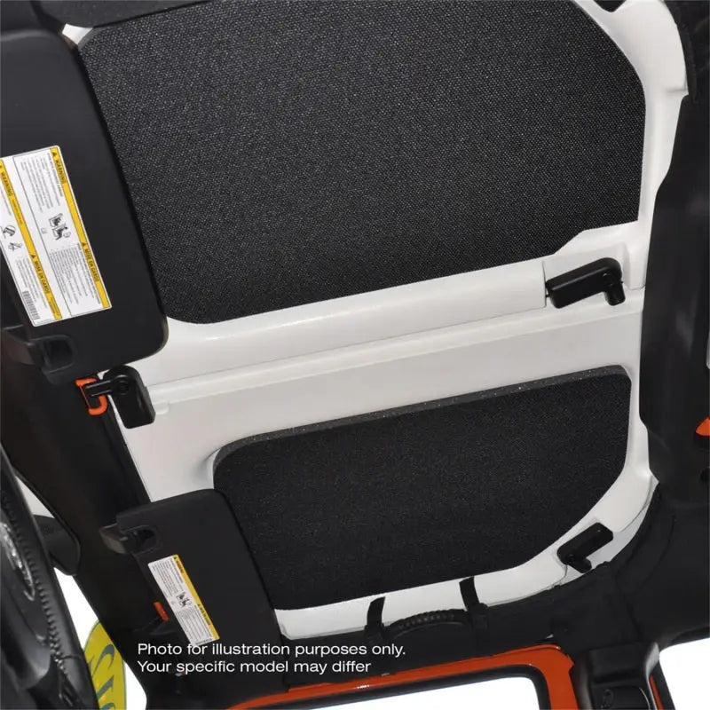 Black and white Jeep Wrangler JK 4-door headliner with orange accents for safety