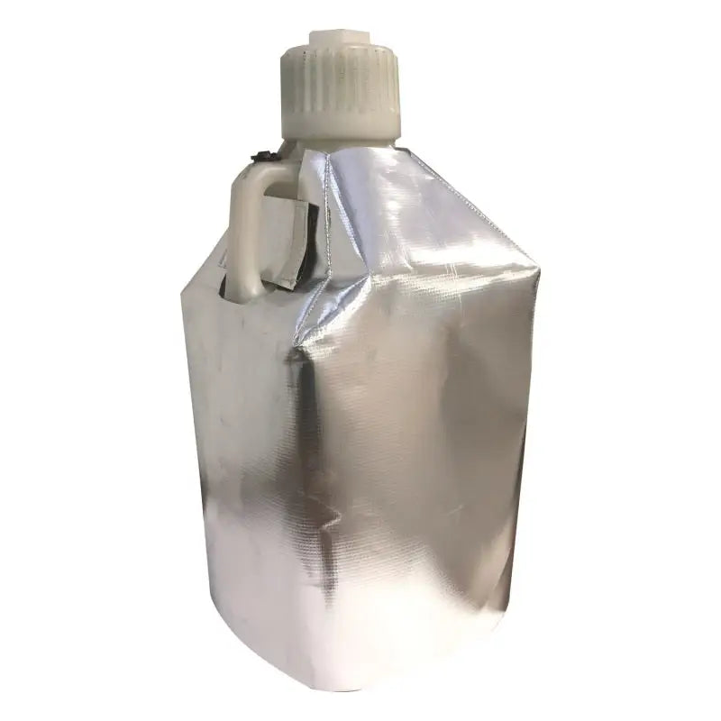 Silver foil-covered liquid container with DEI Reflective Fuel Can Cover for 5 Gallon Square Scribner Utility Can