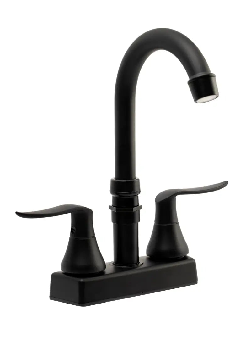 DF-SA180LHK-MB Dura Faucet Elegant RV Bar Faucet with Quick Connect in matte black, dual handle design for RV kitchen or bar area.