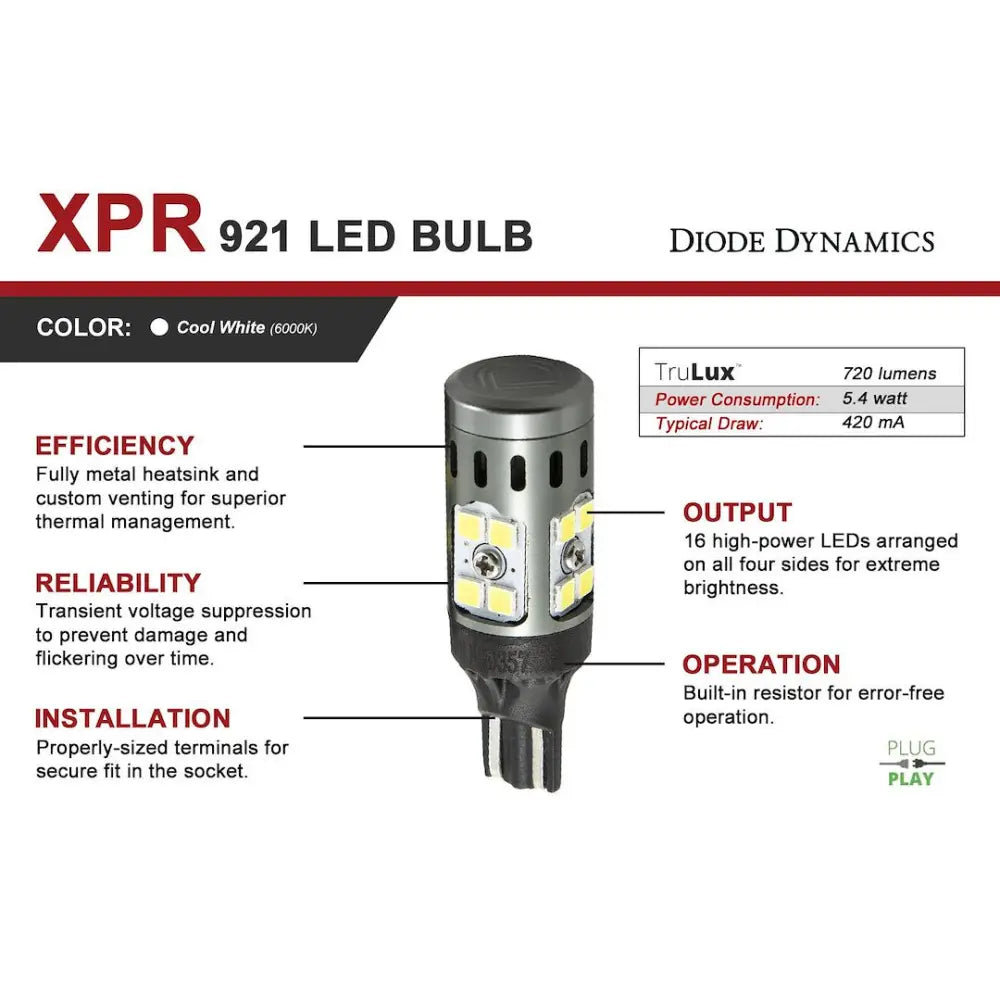 Diode Dynamc Increased Output With LED Appearance Backup Light Bulb DD0394P - White 921 Xpr Cool Pair