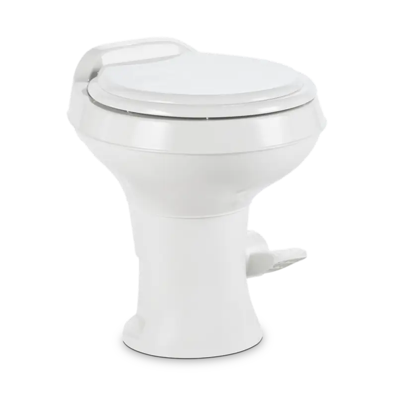 Dometic 300 Series RV Toilet with Easy Clean Design features a round seat and pedal flush for effortless use.