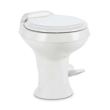 Dometic 300 Series RV Toilet with Easy Clean Design features a round seat and pedal flush for effortless use.