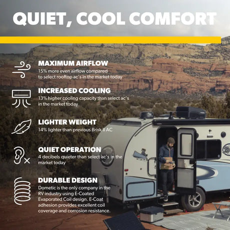 Dometic FreshJet 3 Series 13500 BTU RV Air Conditioner in Sleek Black - Lightweight, Quiet, Durable, and Efficient Design for Maximum Airflow and Cooling.