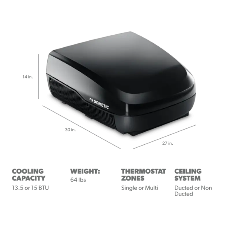 Dometic FreshJet 3 Series 13500 BTU RV Air Conditioner in sleek black, showcasing dimensions and specifications.