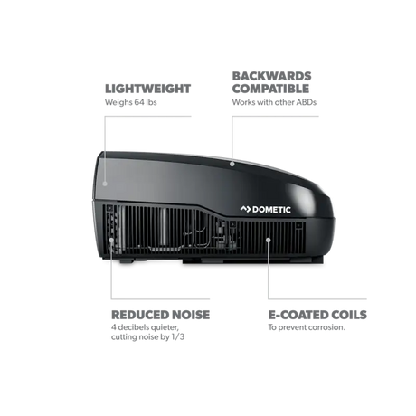 Dometic FreshJet 3 Series 13500 BTU RV Air Conditioner in sleek black, highlighting lightweight design, backward compatibility, reduced noise, and e-coated coils.