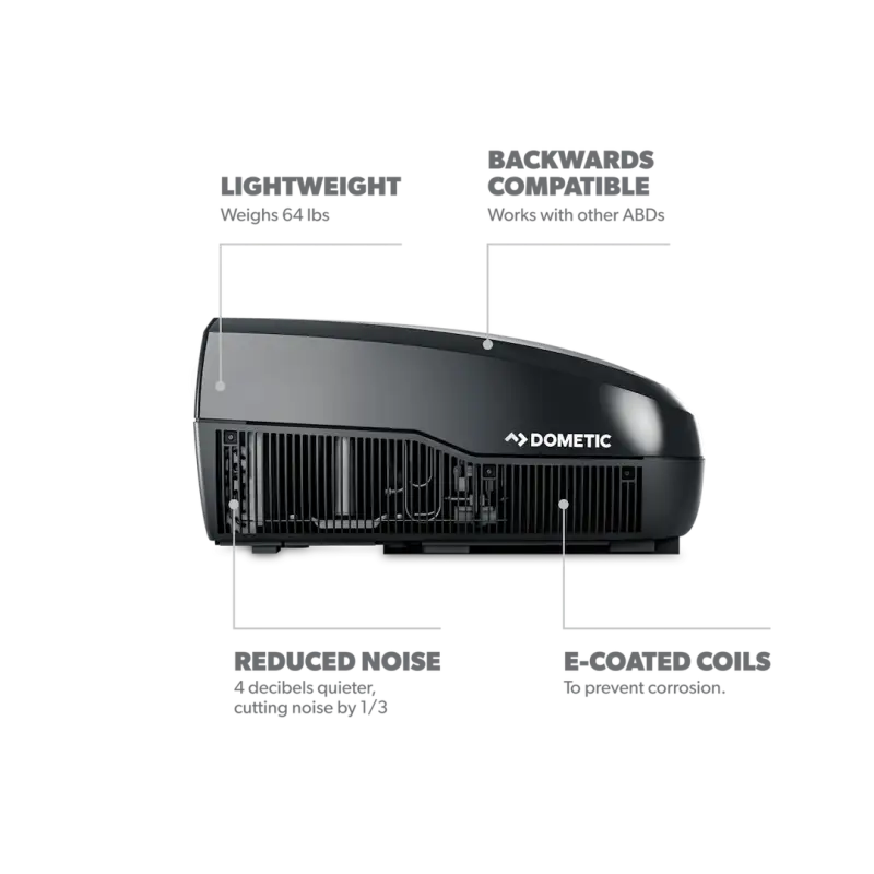 Dometic FreshJet 3 Series 13500 BTU RV Air Conditioner in sleek black, highlighting lightweight design, backward compatibility, reduced noise, and e-coated coils.