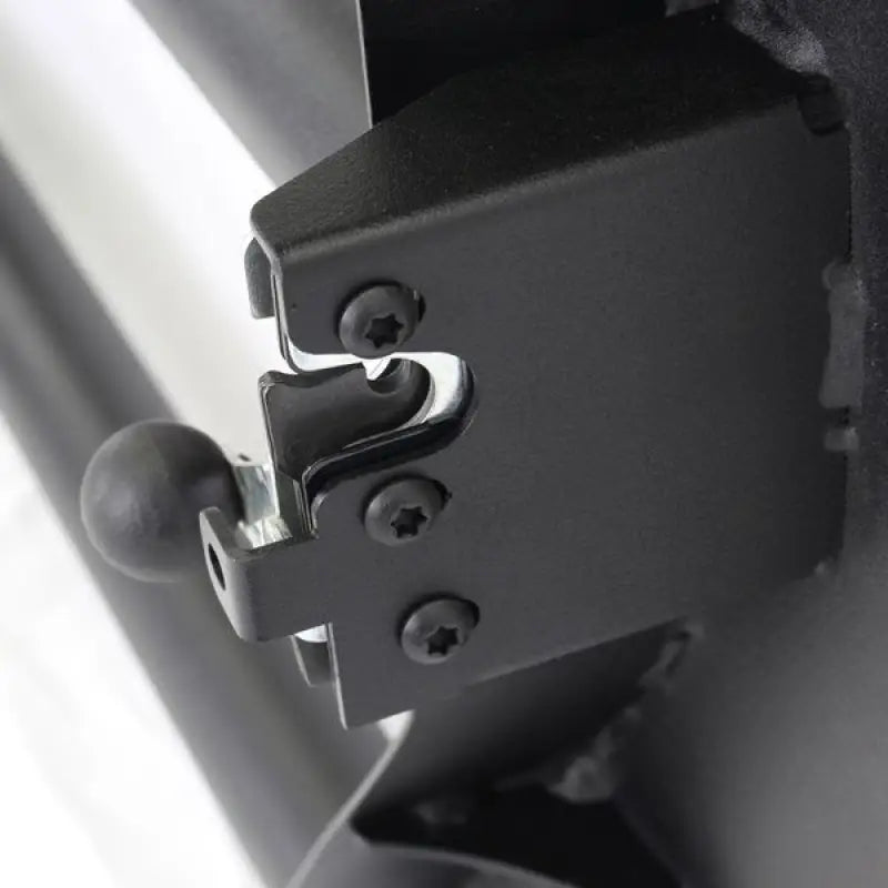 Black steel tubular lower half door with textured finish, featuring a ball handle and door retention straps from Go Rhino’s Trailline Tube Doors for Jeep JKU.