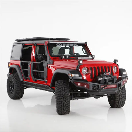 Red Jeep JKU with Go Rhino's black textured steel tubular lower half doors featuring ball handles, door retention straps, and side mirrors for an open-air off-road experience.