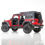 Red Jeep with Go Rhino Trailline tubular lower half doors, ball handle, black textured finish, steel, side mirrors, and door retention straps.