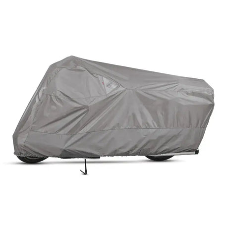 Covered motorcycle with Dowco Cruisers WeatherAll Plus Motorcycle Cover in gray