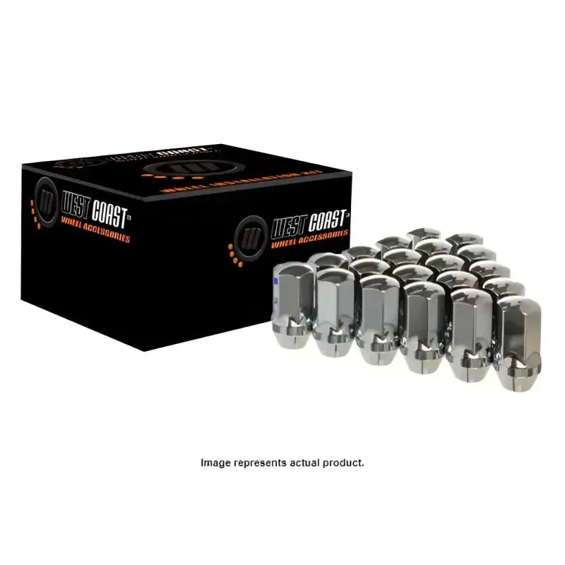 DPC5696LS West Coast Wheel Install Kit 9/16 7/8 Hex Large Seat, features a black box with West Coast Wheel Accessories branding and a set of lug nuts lined up, ideal for RV, Automotive, Powersports, off-road, marine, exterior, truck accessories, interior, truck bed, and rv parts, Wheel and Tire Accessories, AVADA - Best Sellers, Must Haves