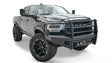 DR19-Q4460-1 Fab Fours Black Steel Elite Front bumper on a rugged, black RAM truck showcasing enhanced front-end protection and aggressive style.