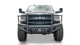 Front view of a truck with DR19-Q4460-1 Fab Fours Black Steel Elite Front bumper, showcasing its durable steel construction and sleek design for enhanced front-end protection.