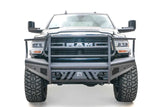 DR19-Q4460-1 Fab Fours Black Steel Elite Front bumper on a RAM truck, showcasing its sleek design and rugged durability.
