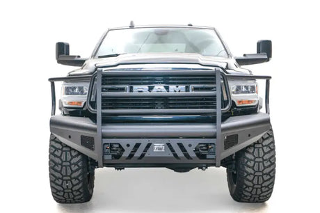 DR19-Q4460-1 Fab Fours Black Steel Elite Front bumper on a RAM truck, showcasing its sleek design and rugged durability.