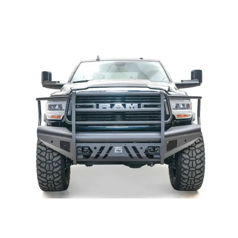DR19-Q4460-1 Fab Fours Black Steel Elite Front bumper on a RAM truck, showcasing its sleek design and rugged durability.